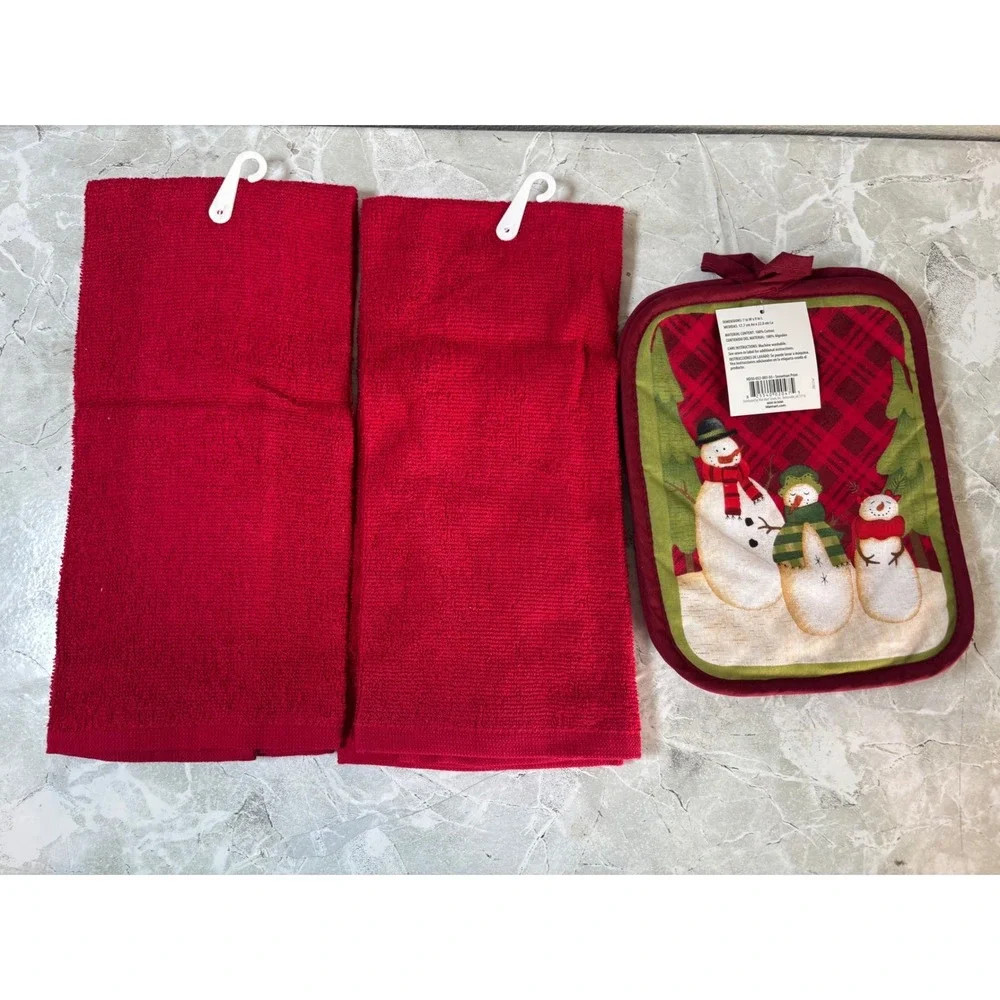 Holiday Time Red Snowman Kitchen Towel and Pot Holder Set 4 Piece New Holiday‎